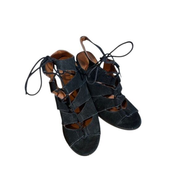 Saks Fifth Ave Black Leather Caged Lace up Block Chunky Heel Pumps Women Sz 7.5 - Picture 1 of 11